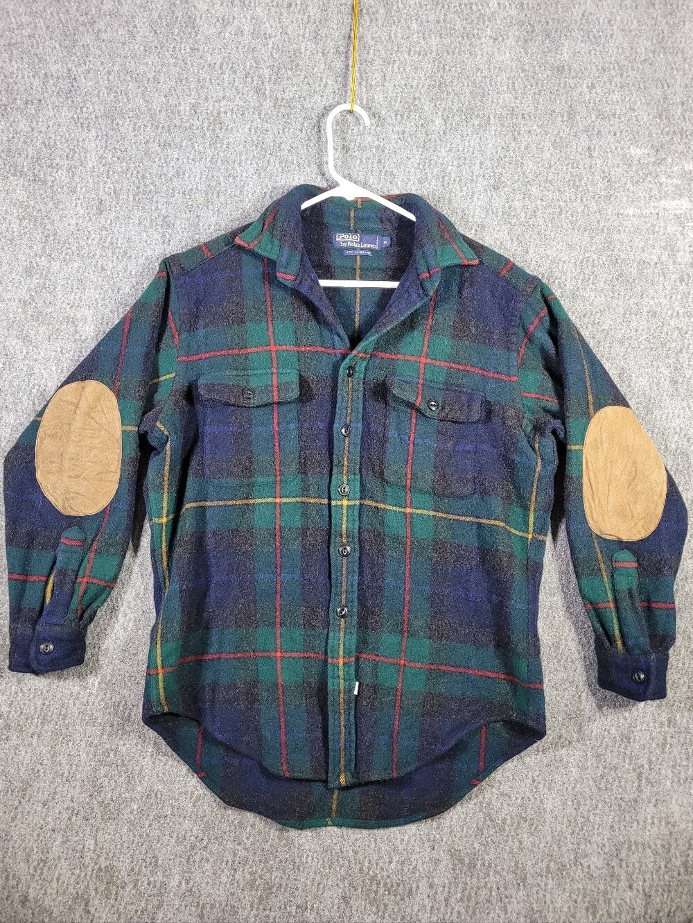 Polo Ralph Lauren Lambswool Plaid Flannel Shirt Mens M Elbow Patch Cat Eye VTG